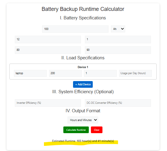 Battery Backup Runtime Calculator 1 Battery backup runtime calculator