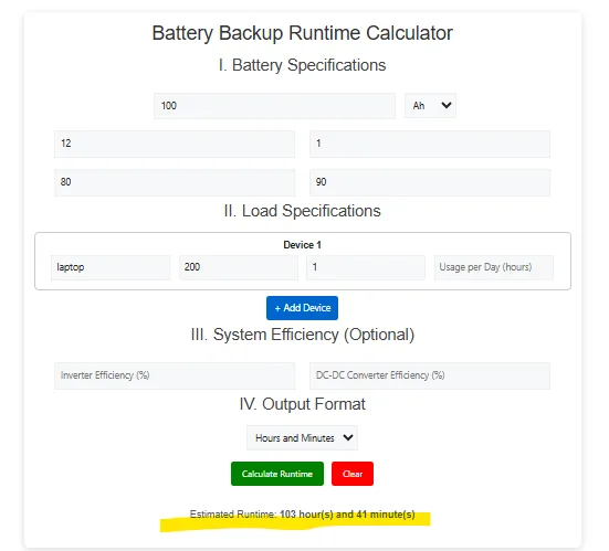 Battery backup runtime calculator​