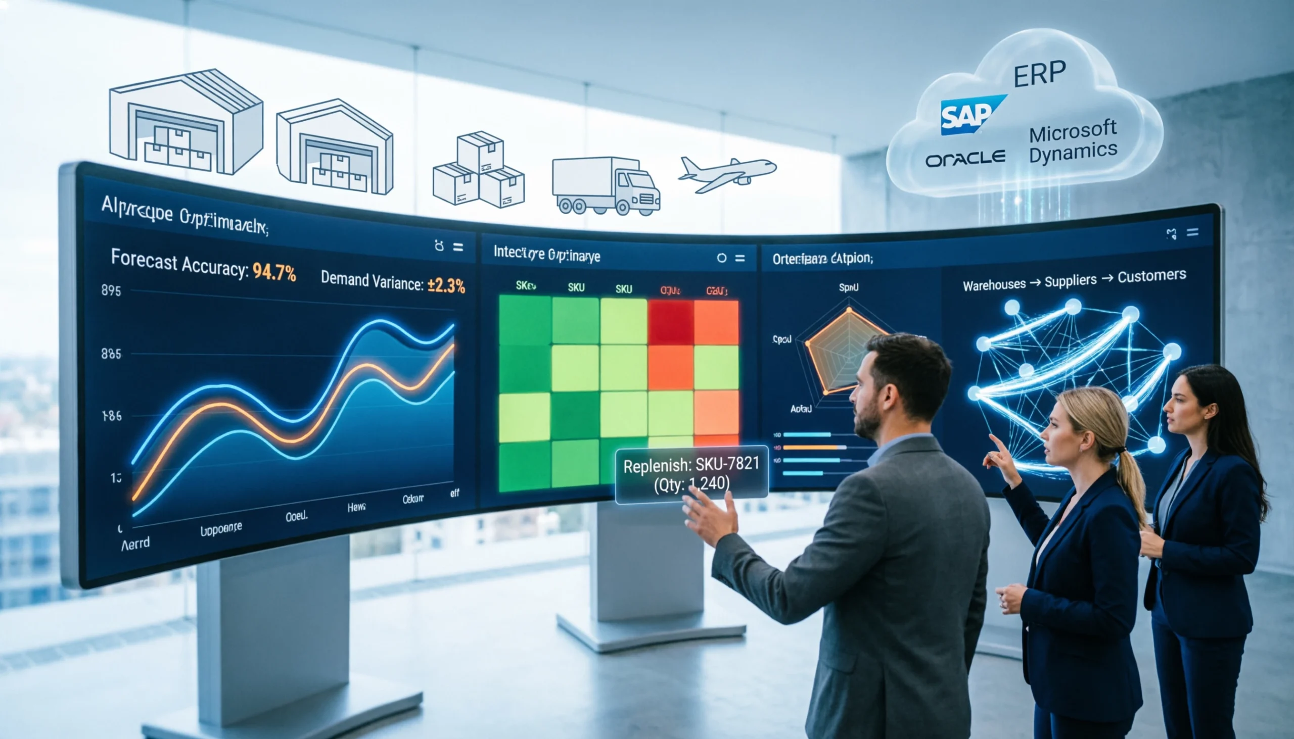 AI-powered demand planning software dashboard showing demand forecasting, inventory optimization, supply chain analytics, ERP integrations, and business planning tools