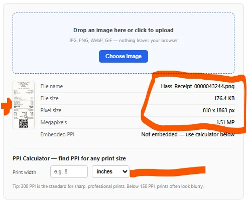 Pixel size and pixels per inch (ppi) of an image-Preview
